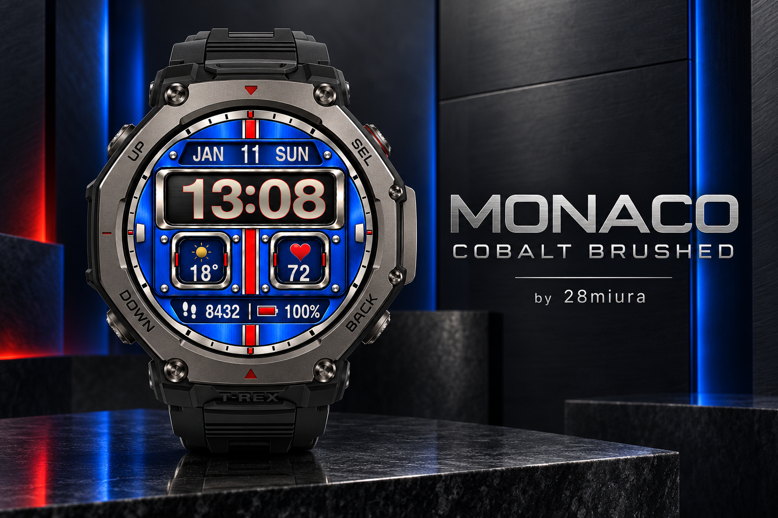 Amazfit Monaco Cobalt Brushed by 28miura for Amazfit T-Rex 3 Pro 48mm — presentation artwork